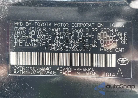 2007 Toyota Camry Le z USA, uszkodzony, nr VIN JTNBE46K273062837